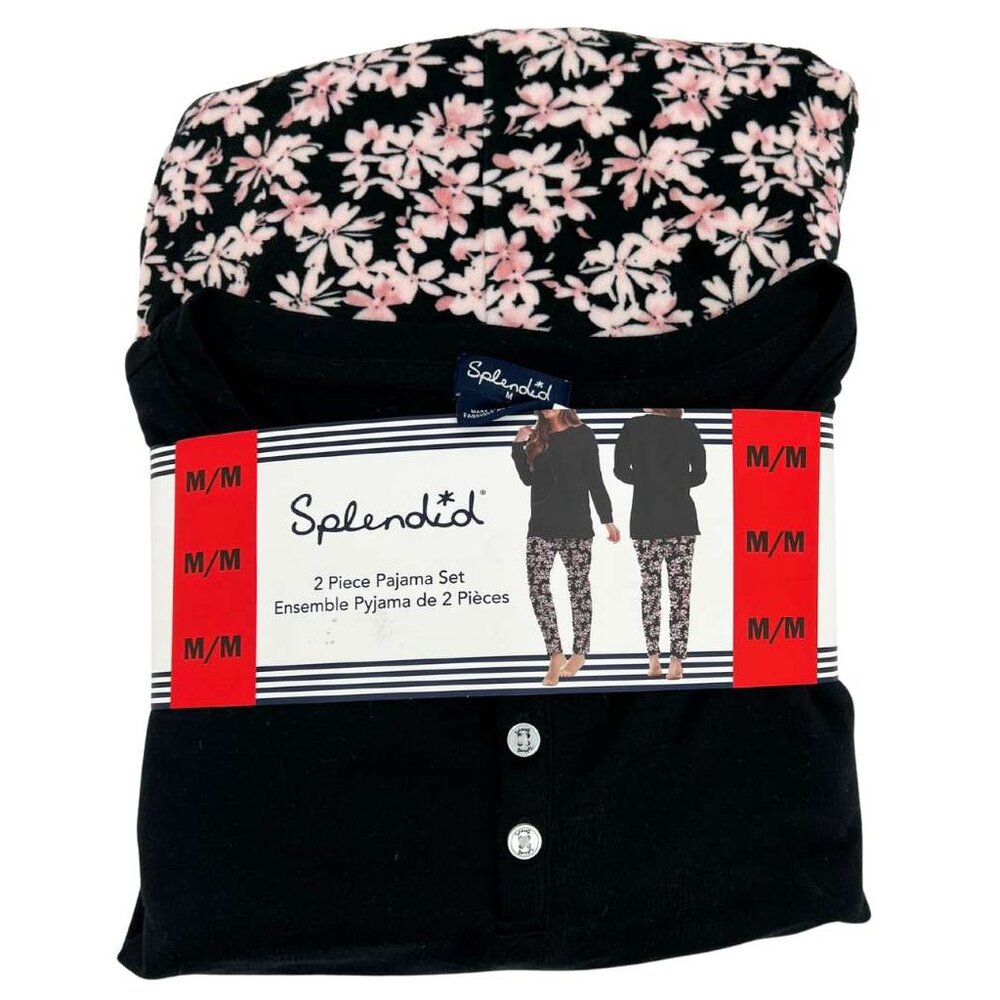 Splendid Women's Black & Pink Floral Print Pyjama Set: 2 Pieces / Size Medium